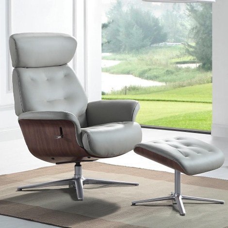 GFA -  Nordic - Pale Grey Leather 360 Swivel Recliner and Footstool