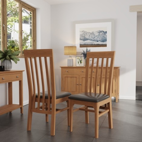 Pair Of - Natalie - Light Oak - Slat Back Chairs - Faux Leather Seat