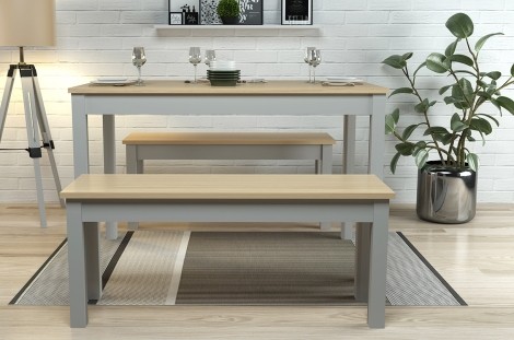 Ohio - Oak-Grey - 4 Seater Rectangular Dining Table & 2 Small Wooden Bench - Painted Finish