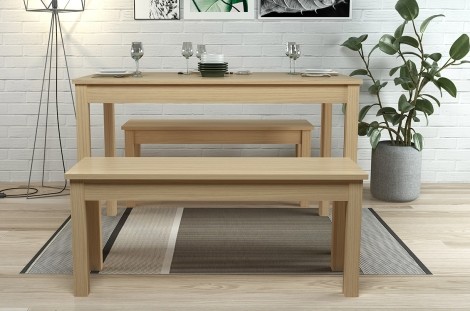 Ohio - Oak - 4 Seater Rectangular Dining Table & 2 Small Wooden Bench - Natural Finish