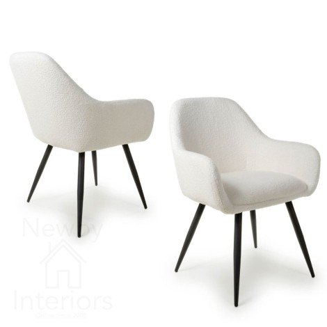Olympia - 2x White Boucle Fabric Upholstered Dining Chairs - Black Metal Legs