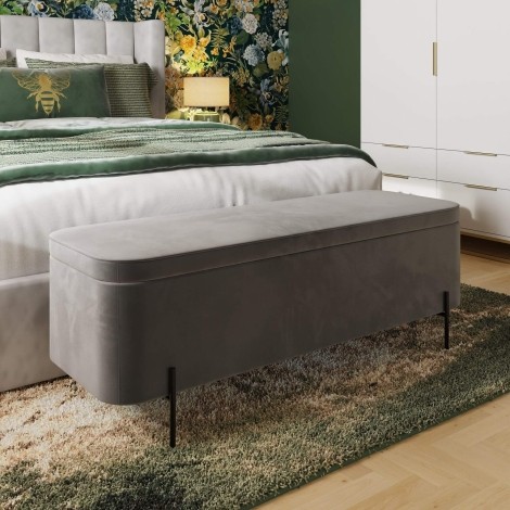 Grey - Velvet Upholstered - Ottoman Storage Bench - Black Metal Legs