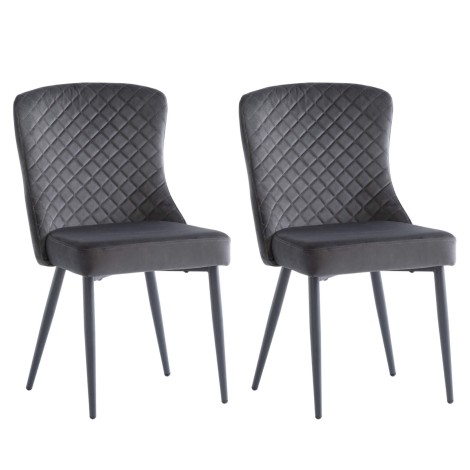 Pair Of - Hadley Velvet Dining Chair - Graphite Grey - Quilted Back - Black Powder Coated Legs