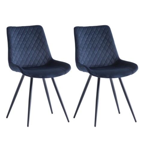Pair Of - Mabel Dining Chair - Deep Blue Velvet - Cross-Stitched - Black Powder Coated Legs