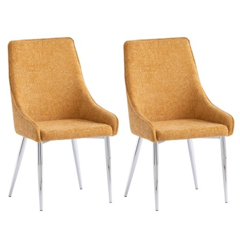 Pair Of - Rhone Dining Chair - Mustard Yellow Textured Fabric - Piping Design - Polished Chome Legs
