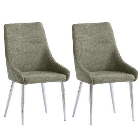 Pair Of - Rhone Dining Chair - Olive Green Textured Fabric - Piping Design - Polished Chome Legs