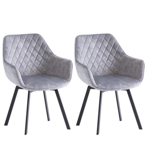 Viola - 2x 360 Swivel Dining Chairs in Silver Velvet - Diamond Stitch Pattern Design - Black Powder Coated Legs
