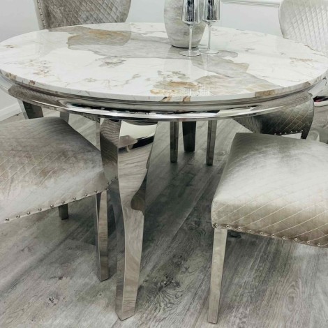 Louis - White Pandora - 130cm/1.3m - Marble and Chrome - Louis Leg - Round Dining Table
