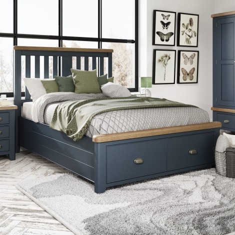 Ellie Blue Painted & Oak - 4'6" Double Storage Bed with Wooden Headboard