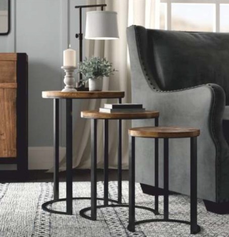 Ravi Mango Iron base solid wood top Round stool set of 3 pcs