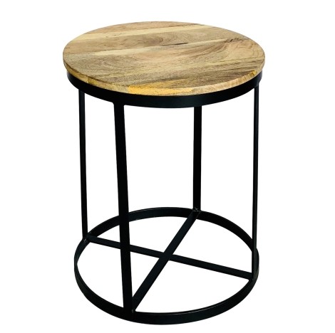 Ravi Mango Iron base solild Wood Round Stool - Small