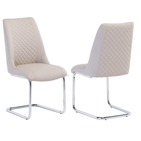 Pair Of - Ravello Dining Chair - Stone Grey - Heavy Textured PU - Quilted Cross Stitch Pattern  - Polished Chrome Cantilever Base