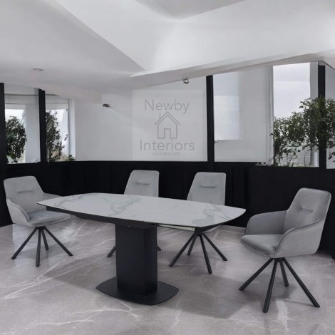 Ritz Matte White Ceramic Swivel Extending Dining Table & Grey Chairs (120-180cm)