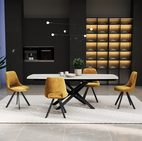 Argento Matte Grey Ceramic Swivel Extending Dining Table & Mustard Chairs (120cm to 180cm)