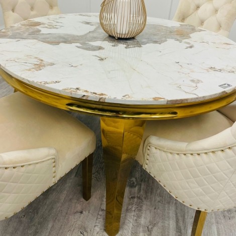 Louis - Pandora White - 130cm/1.3m - Marble and Gold - Louis Leg - Round Dining Table