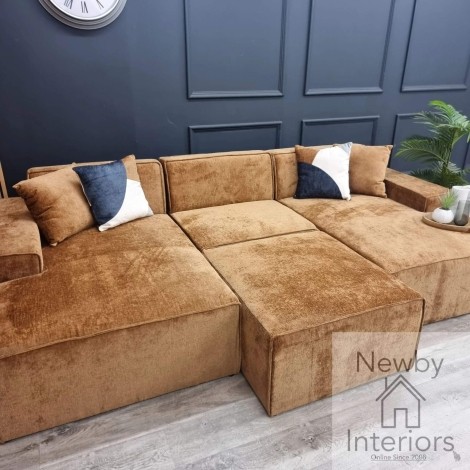 Atlanta Rust Orange Chenille U Shape Modula Corner Sofa & Stool
