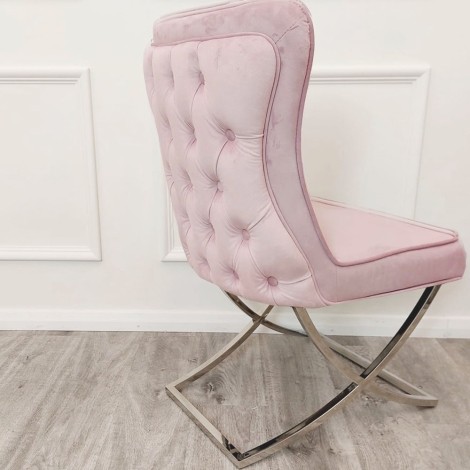 Pair Of Sandhurst - Pink Velvet - Buttoned Back - Dining Chairs - Chrome Cross Legs