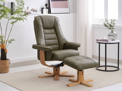 GFA - Sardinia - Olive Green - Leather - Swivel Recliner and Stool