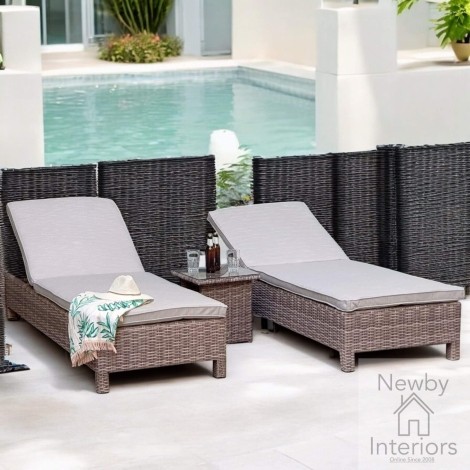 Sarena Outdoor Pair Of Sun Loungers With Drinks Table, Grey Weave