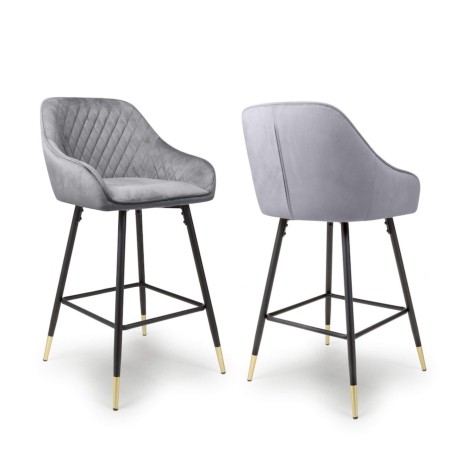 Pair Of - Savanna - Grey - Velvet Fabric - Bar Chairs - Black and Gold Metal Frame