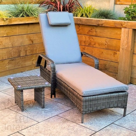 Savannah Outdoor Sun Lounger with Drinks Table, Grey Wicker