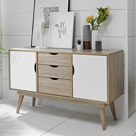 Scandi - Oak + White - Sideboard - 2 Doors and 3 Drawers - Angled Legs