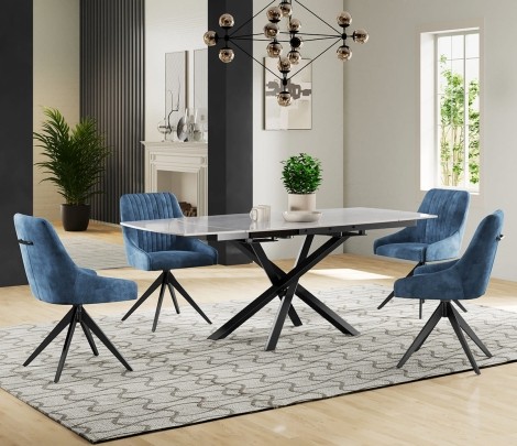 Enna Light Grey Gloss Ceramic Extending Dining Table & Blue Chairs (120-180cm)