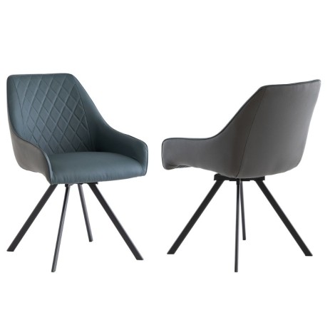 Pair Of - Seville - Swivel Dining Chair - Dark Grey & Blue - PU Leather Upholstery - Black Powder Coated Legs