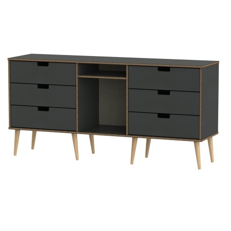 Shanghai - Graphite 6 Drawer TV Unit - Natural Wood Legs