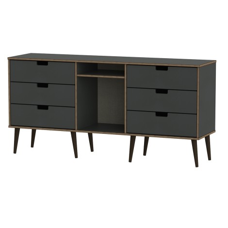 Shanghai - Graphite 6 Drawer TV Unit - Black Wood Legs