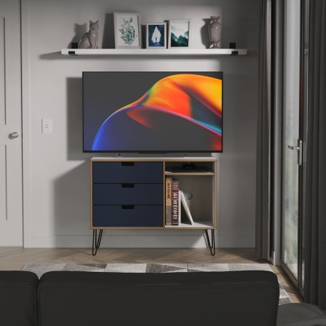 Shanghai - Indigo White Matt 3 Drawer TV Unit - Black Hairpin Legs