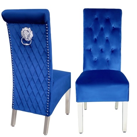 Pair Of -  Sophie - Lion head Knocker - Quilted Roll Back - Navy Blue Velvet - Dining Chairs With Chrome Legs 