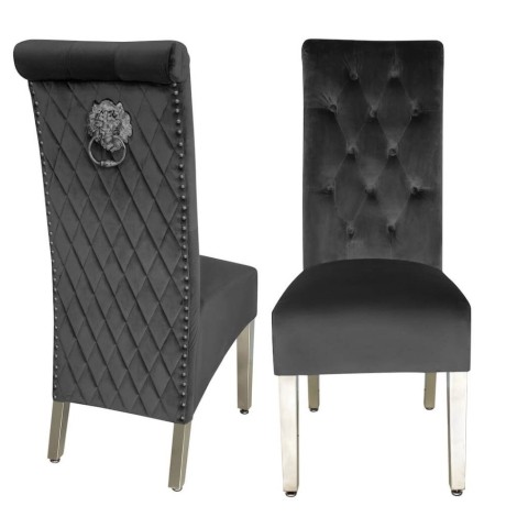 Sofia Grey Velvet, Silver Lion Knocker Chair (Pair)