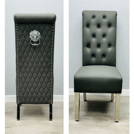 Sofia Grey PU, Silver Lion Knocker Chair (Pair)