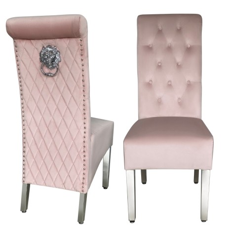 Sofia Pink Velvet, Silver Lion Knocker Chair (Pair)