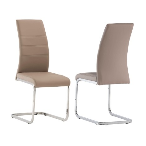 Pair Of - Soho Dining Chair - Cappuccino PU - Stitch Pattern - Polished Stainless Steel - Cantilever Frame