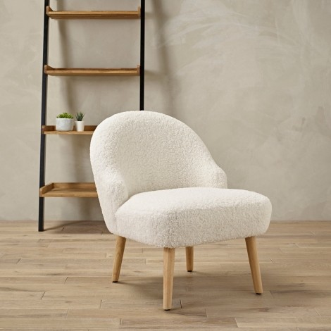 Ted - Accent Chair - White bouclé Fabric - Light Wood Legs