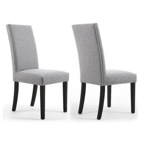 Randall - 2x Silver Grey Dining Chairs Linen Effect Fabric Stud Detail Black Legs