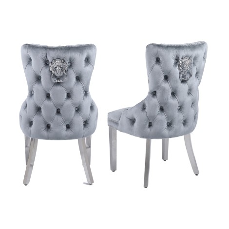 Pair Of -  Victoria - Lion head Knocker - Buttoned Back - Silver Velvet - Dining Chairs With Chrome Legs 