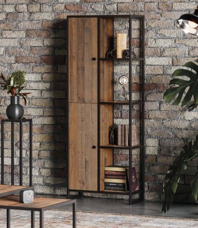 Ooki - Tall - Reclaimed - 2 Door - Funky Bookcase - Laquer Finish - Steel Frame