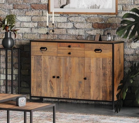 Ooki - Reclaimed - 4 Drawer & 3 Door - Sideboard - Laquer Finish - Steel Frame