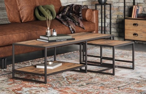 Ooki - Reclaimed - Rectangular - Coffee Table with Removeable Side Table - Laquer Finish - Steel Frame