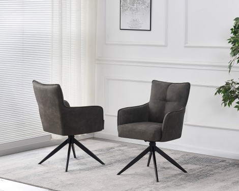 Vianni - 2x Vintage Grey Suede Swivel Dining Chair Black Metal Legs