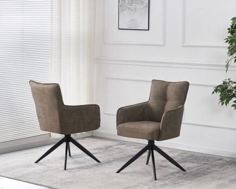 Vianni - 2x Vintage Taupe Suede Swivel Dining Chairs - Black Metal Legs