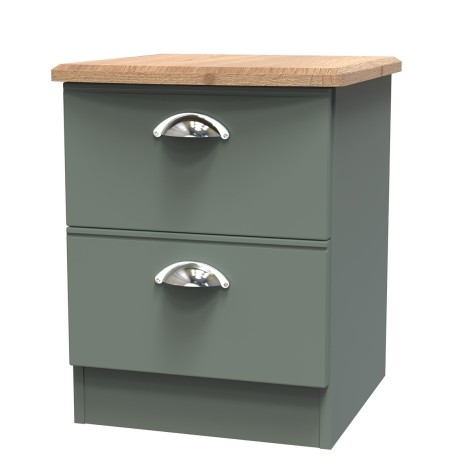 Victoria - Reed Green with Riviera Oak Top 2 Drawer Bedside Cabinet / Bedside Table / Nightstand