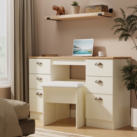 Victoria - Cream Ash with Riviera Oak Top Kneehole Double Pedestal Dressing Table / Vanity Table / Desk