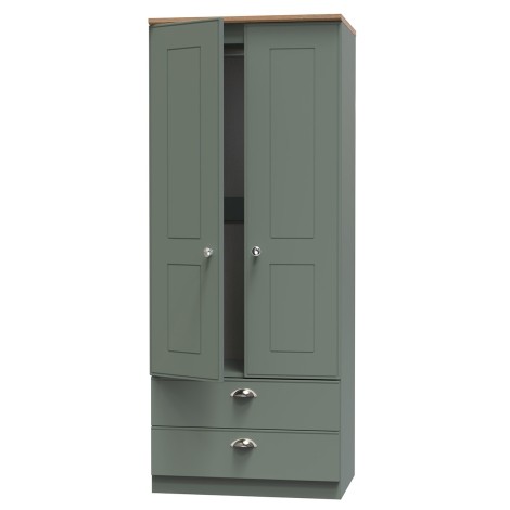 Victoria - Reed Green with Riviera Oak Top 2 Door 2 Drawer Double Plain Wardrobe