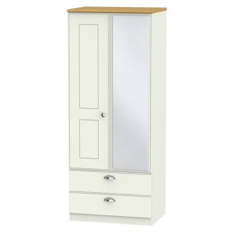 Victoria - Cream Ash with Riviera Oak Top 2 Door 2 Drawer Double Mirrored Wardrobe