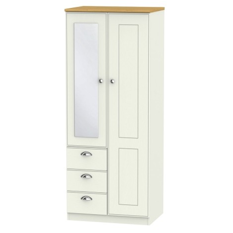 Victoria - Cream Ash with Riviera Oak Top 2 Door 3 Drawer Mirrored Wardrobe