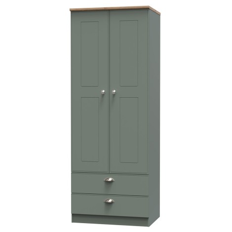 Victoria - Reed Green with Riviera Oak Top 2 Door 2 Drawer Double Tall Plain Wardrobe